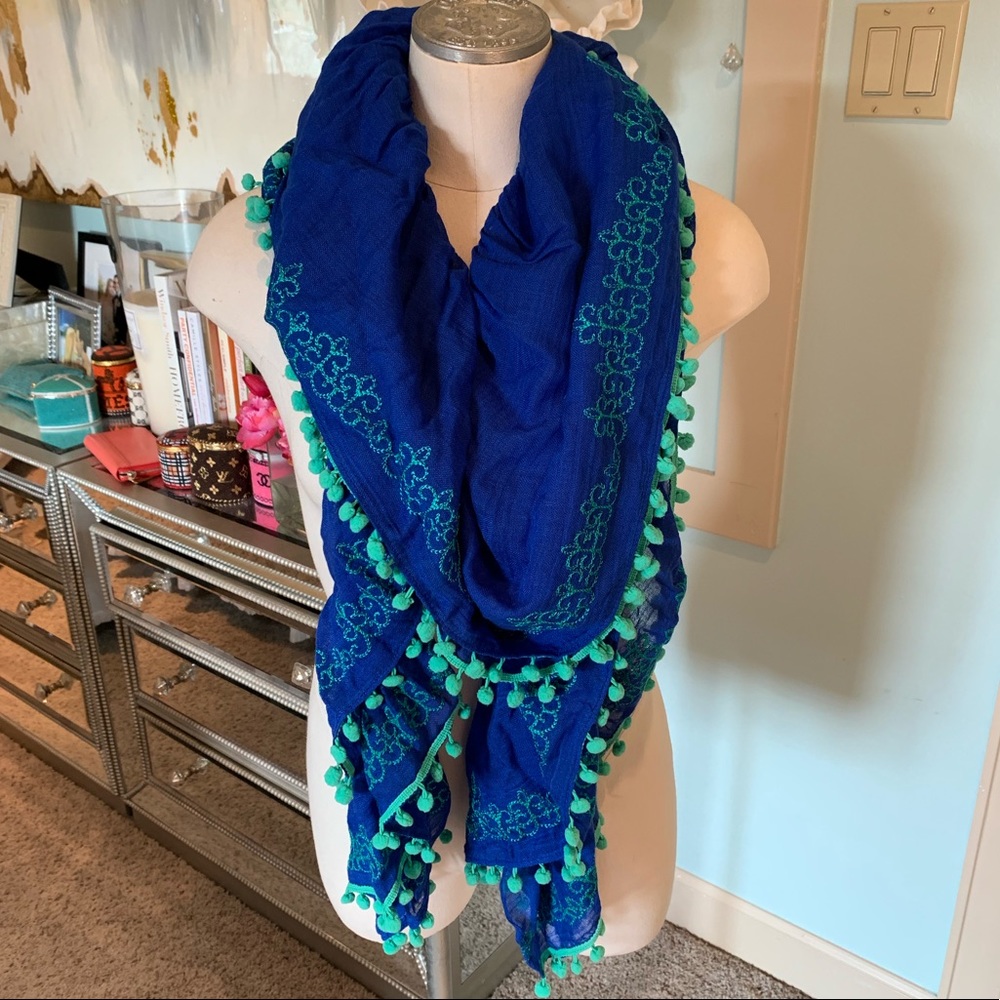 Anthropologie Blue Scarf with Green Pom Trim